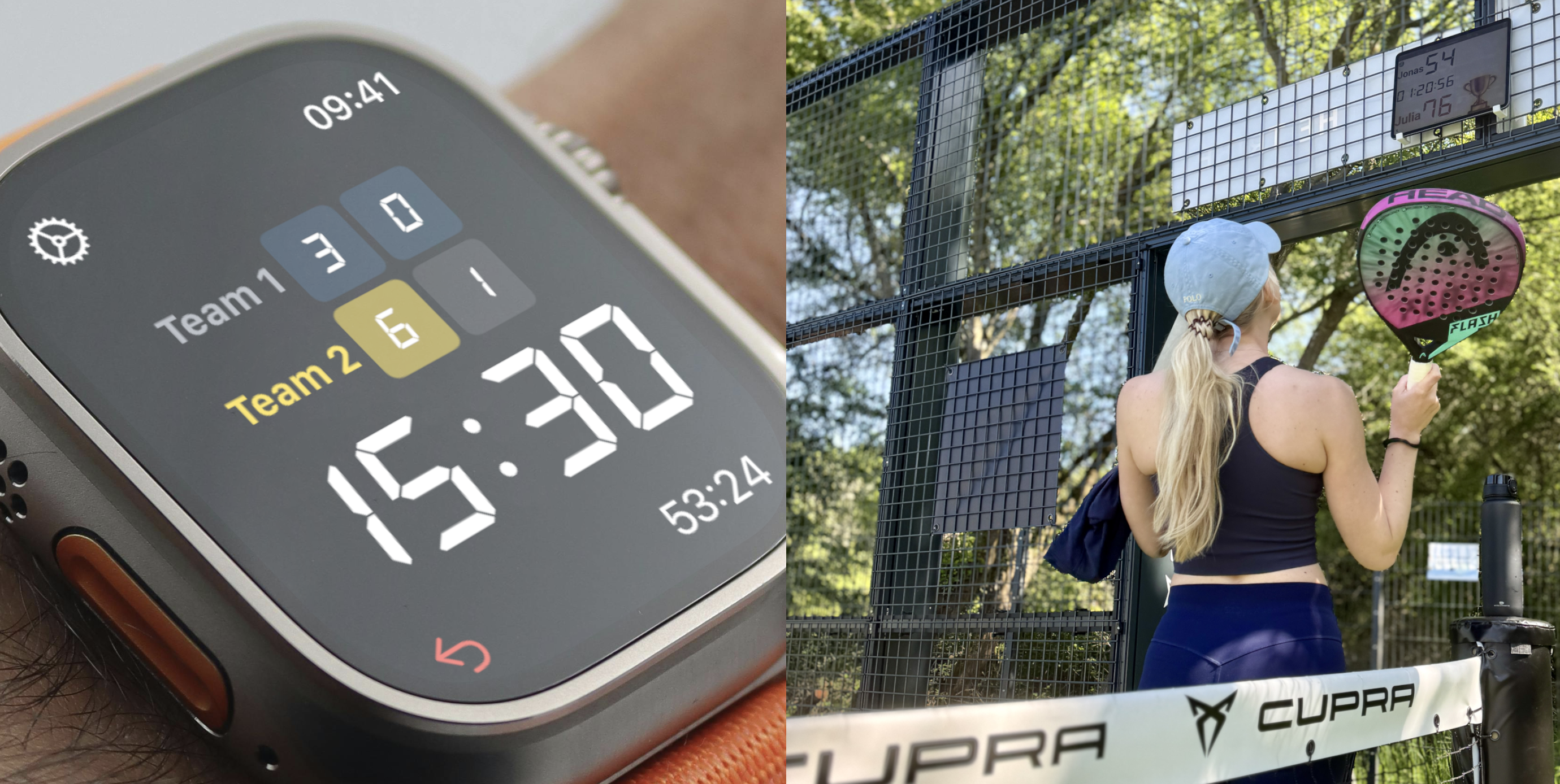 PadelCounter app on Apple Watch next to a player on court
