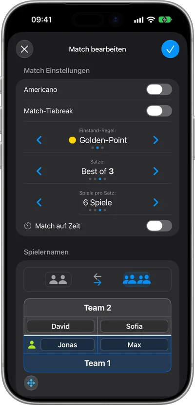 Die Match-Regeln in PadelCounter, oben der Americano-Schalter