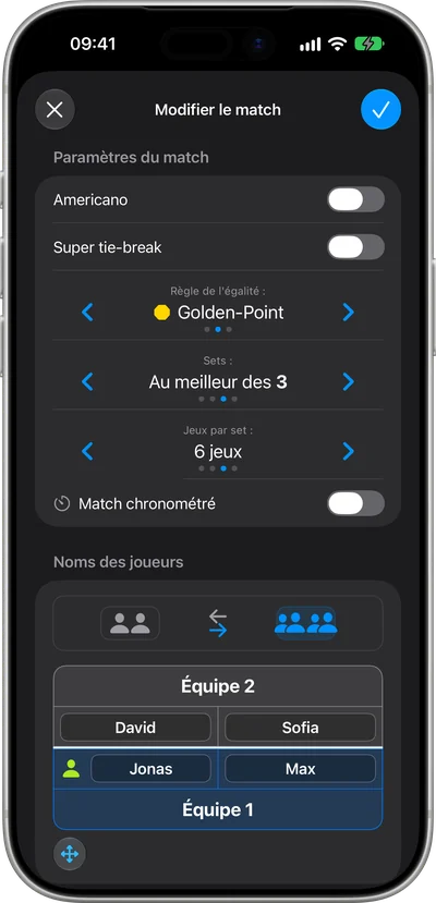 Les règles du match dans PadelCounter, avec l’interrupteur Americano en haut