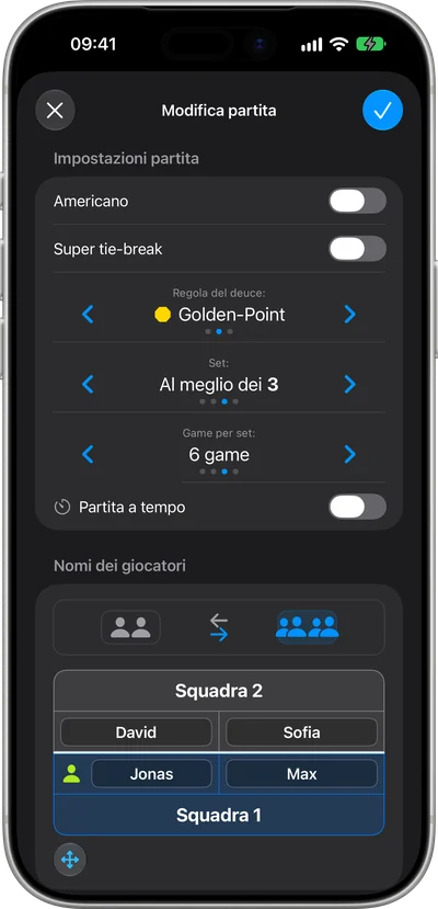 Le regole della partita in PadelCounter, con l'interruttore Americano in alto