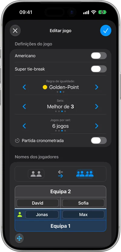 As regras de partida do PadelCounter, com o interruptor Americano no topo